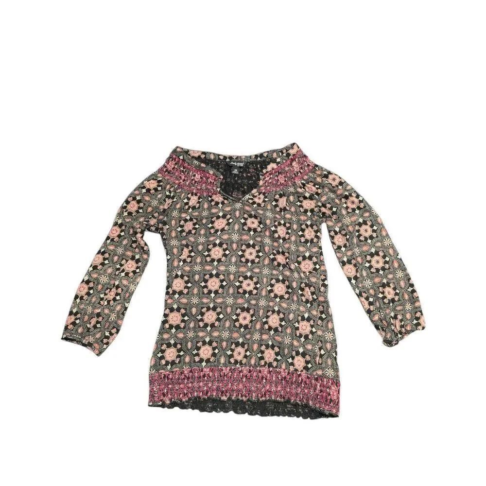 Lucky Brand Top Multicolor Boho Geometric 3/4 Sleeves V-Neck Contrast Thread Wom